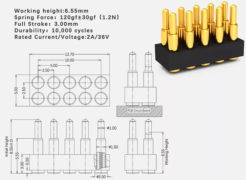 10Pin直立平底表贴Pogo Pin连接器