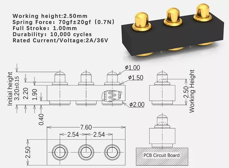 3Pin直立平底表贴Pogo Pin连接器