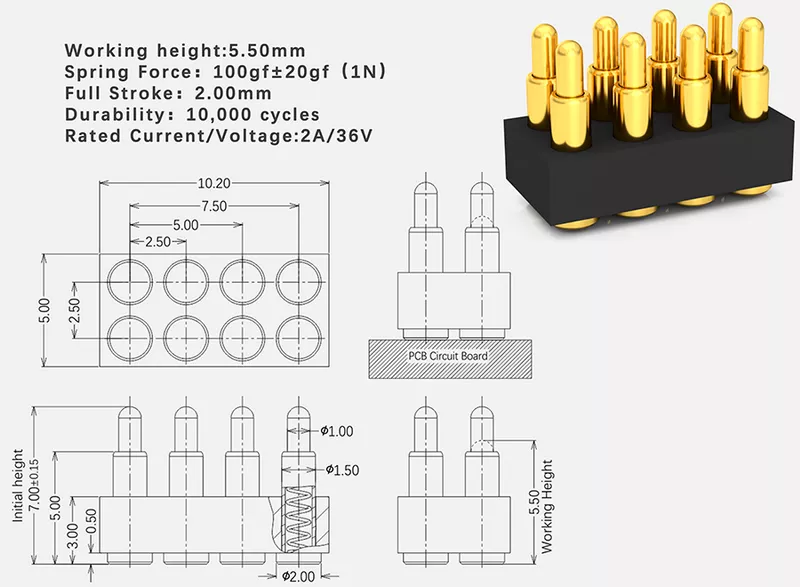 8Pin直立平底表贴Pogo Pin连接器